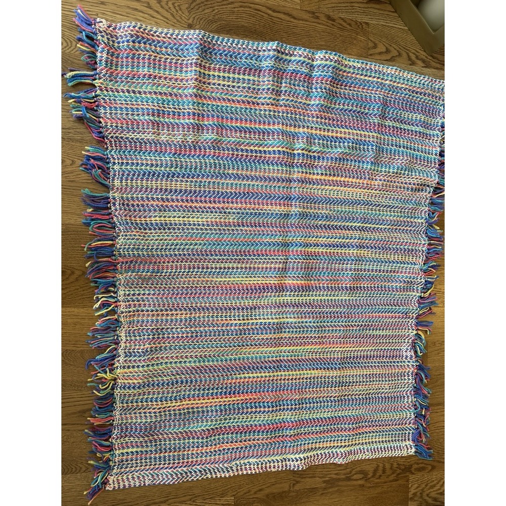 Vintage Hand Crocheted Multicolor Striped Fringed Afghan 45x35"